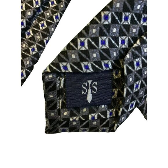 5/$10 Morris 58" Silk Geometric Tie - Black & Silver - Picture 4 of 5